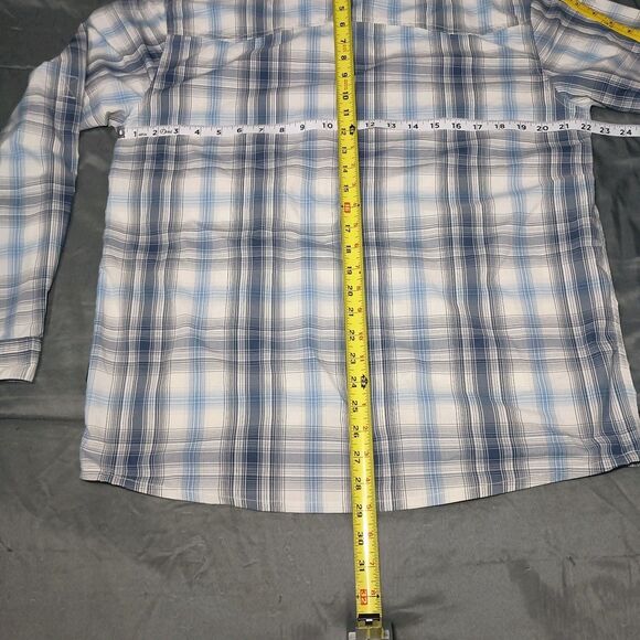 Patagonia Sun Stretch Shirt Mens M Blue Plaid Long Sleeve Backcountry Zip Pocket - Picture 5 of 16